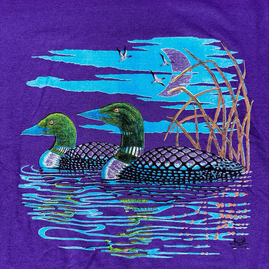 Ducks Mallard 90s VTG T Shirt Purple Lake Small Moon Cartoon Graphic Hunting