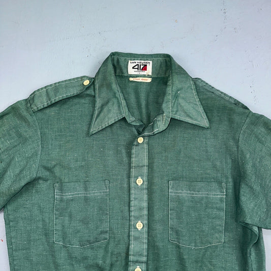 Vintage Van Huesen 417 Men's Long Sleeve Green Shirt Button Down Vanopress 70s