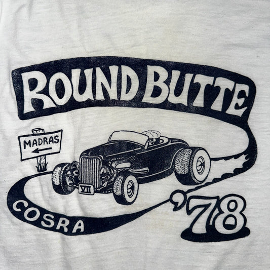 Round Butte Oregon 1970s VTG T Shirt 1978 Rockabilly Ringer Cars Hot Rod PDX Art