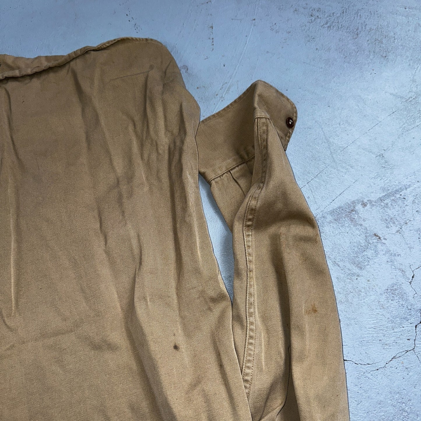 Vintage 40s WWII Gusset Khaki Work Army Military Button Shirt Stencil USN