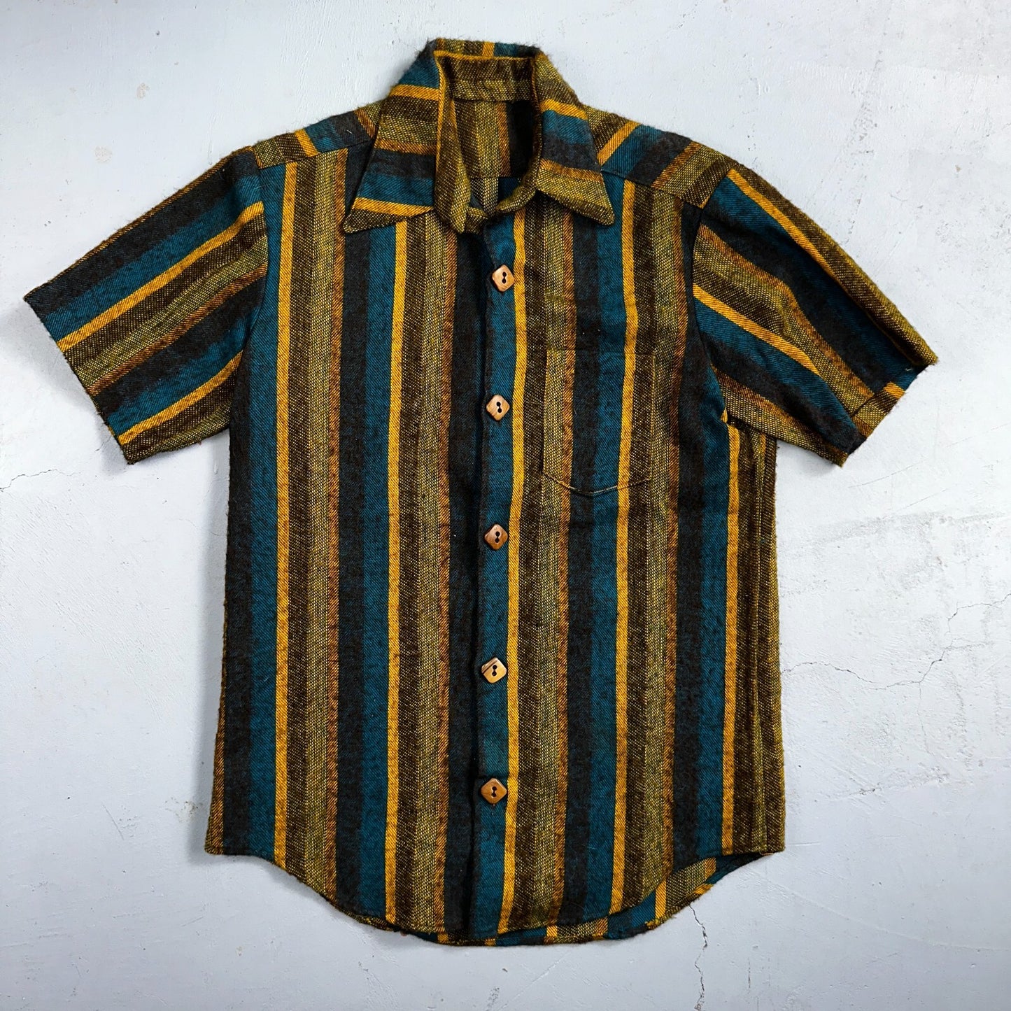 1960s Wool Short Sleeve Striped Wood Button Down Shirt 60s 70s Rockabilly