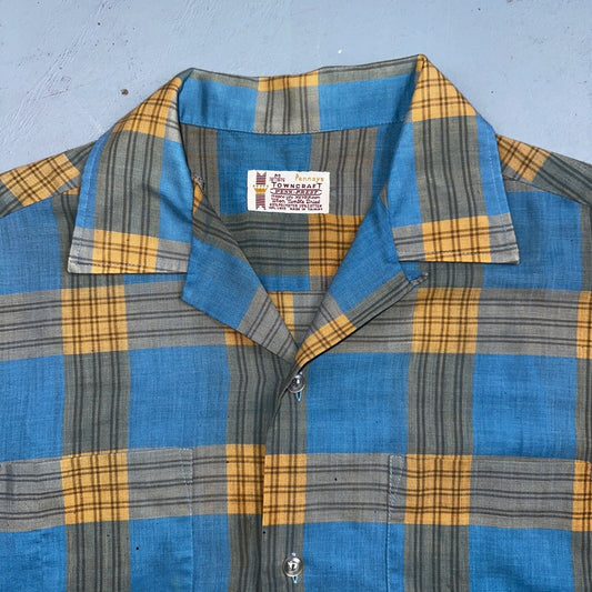 Vintage 60s 70s Pennys Towncraft Blue Camp Loop Collar Shirt Rockabilly Button M