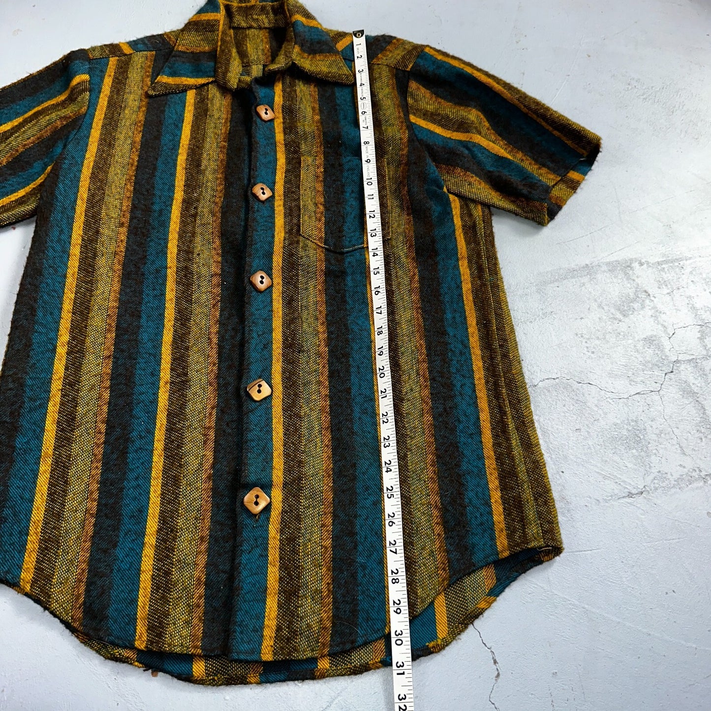 1960s Wool Short Sleeve Striped Wood Button Down Shirt 60s 70s Rockabilly
