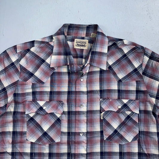 Levis VTG 1980s Pearl Snap Button Shirt Mens L Plaid 80s Cowboy Shirt Korea SS