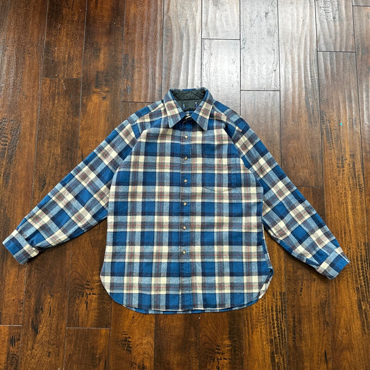 PENDLETON VTG LODGE WOOL FLANNEL L/S SHIRT 80s 70s USA Plaid sz L Shirt