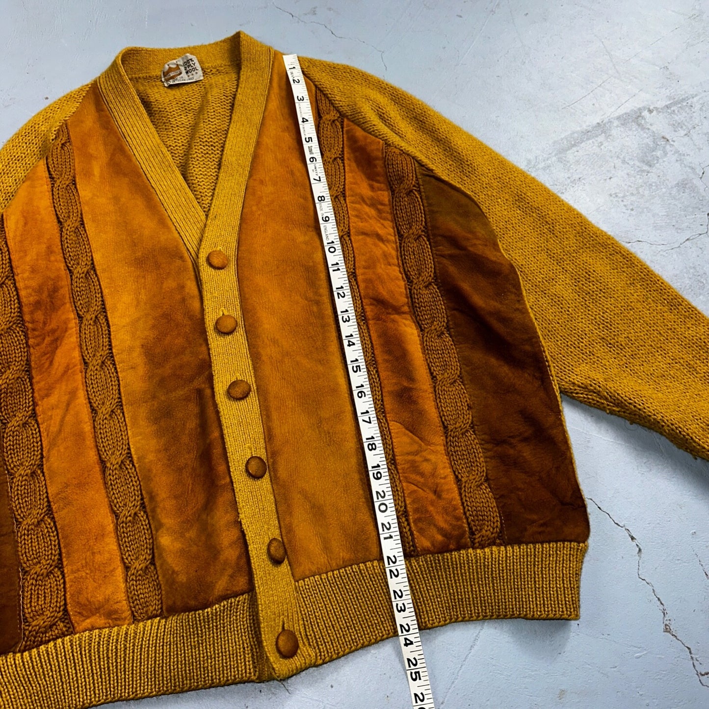 Vintage 60s Grant Crest Wool Cardigan Sweater M Yellow Mustard Suede Rockabilly