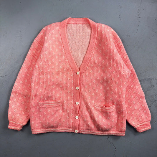 Vintage Pink Knit Sweater Cardigan Womens 70s 80s Basic Cozy Essential Winter