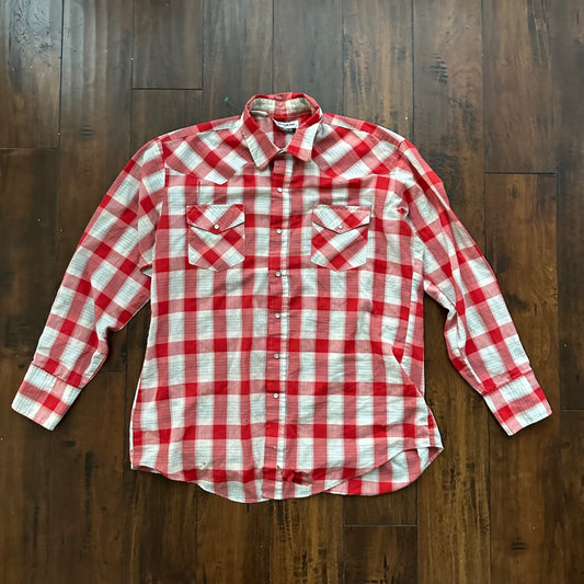 Gold Collection Karman Men's Western Shirt Pearl Snap Red USA Plaid Checker 80s