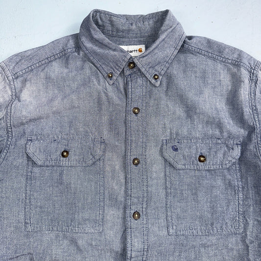Carhartt Shirt Mens M Blue Chambray Relaxed Fit Button Up Work Adult Workwear