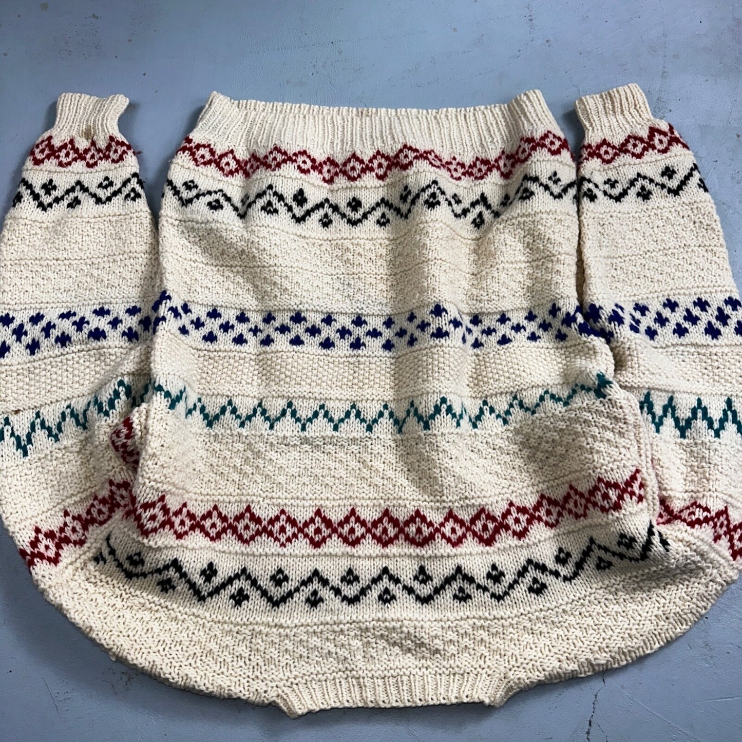 John Ashford VTG 80s Sweater Mens L Cream Multi Wool Fair Isle Hand Knit Crew