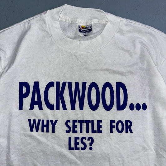 Hanes 80s Packwood VTG T Shirt Why Settle Funny Single Stitch Graphic Text Humor
