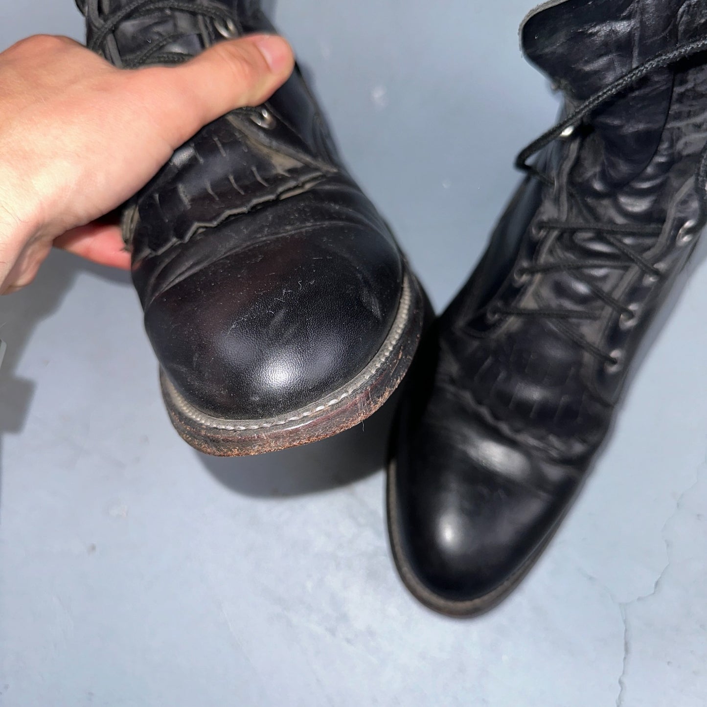 Vintage Justin Black Leather Roper Boots USA 9D Lace-Up Western Logger 506