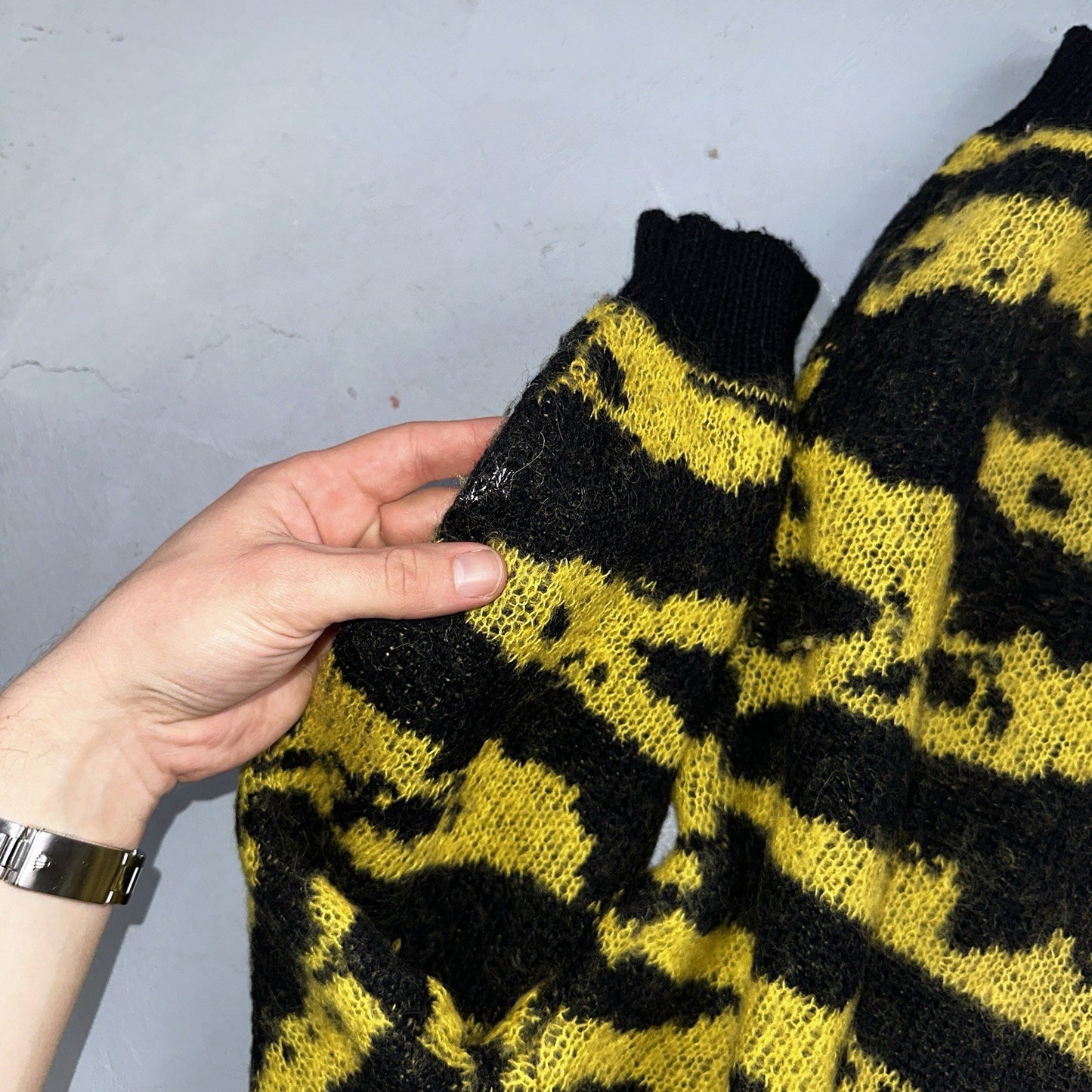 Vintage Nordstrom Brass Plum Nordic Yellow Black Wool Sweater M 80s Retro