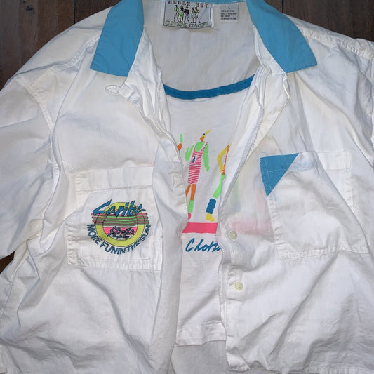 Vtg Buggle Boy 80s Hip Hop WOMANS BLOUSE SHIRT PLAID Crop 90s Blue Tee