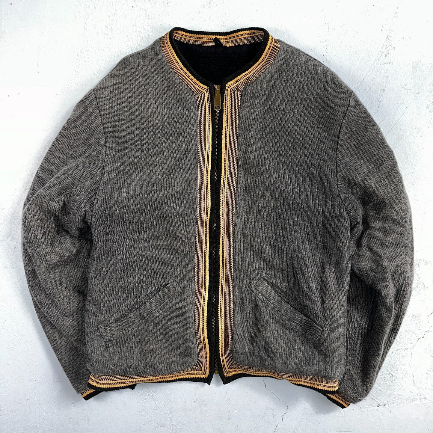 VTG 40s Wool Lined Men Zipper Jacket Sweater Salt Pepper Gray 1940s Rockabilly
