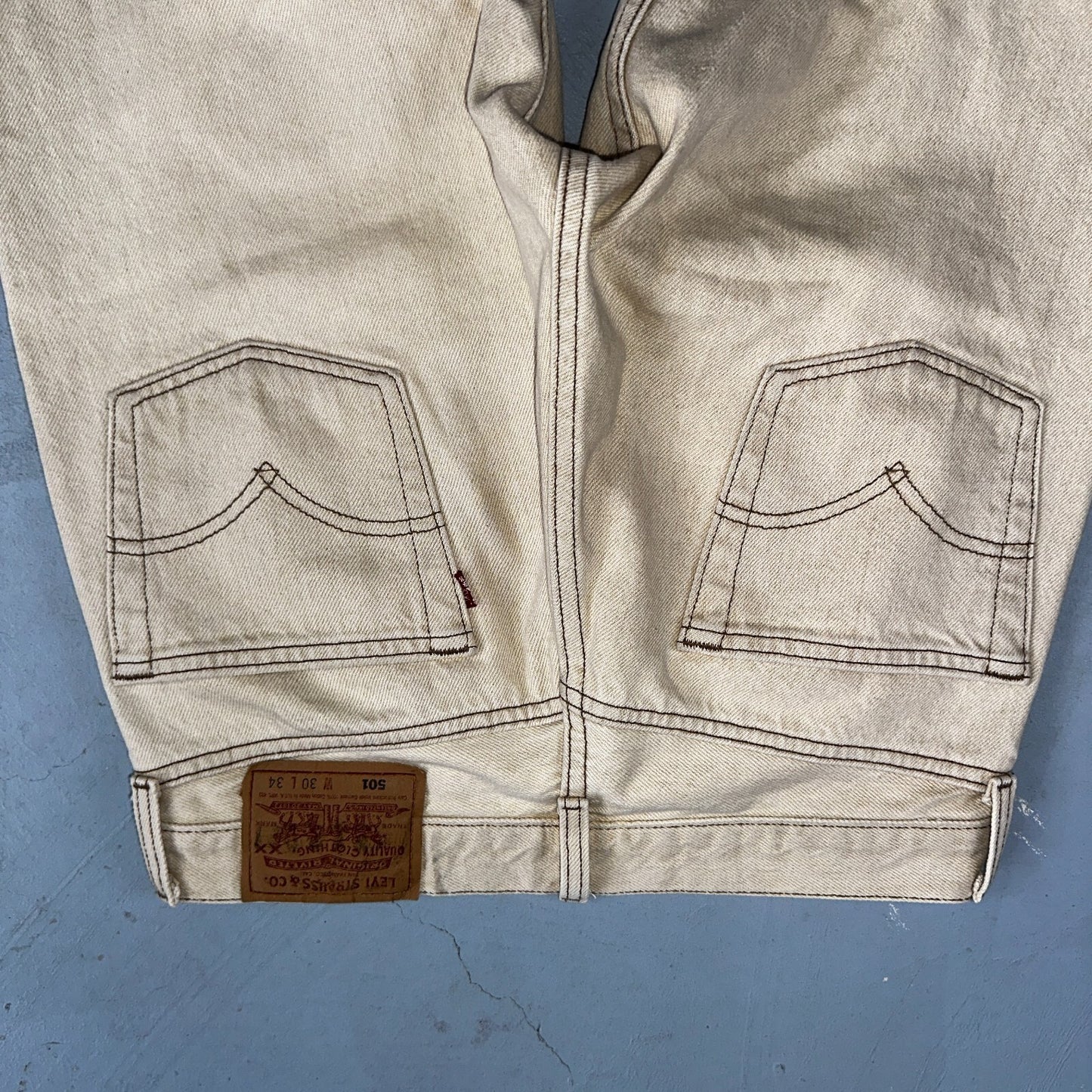 Levis 501 Vintage 90s USA XX Straight Leg Jeans Beige Light Wash 30x34 Act 29x29