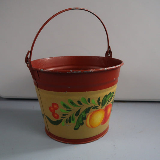 VTG Hand Painted Peaches Metal Bucket W Handle Galvanized Tub Garden Folk Art
