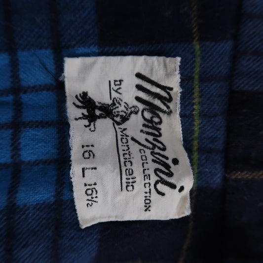 VTG 1970s Men's L Blue Flannel Shirt Black Ribbed Ricky Monzini USA Rockabilly