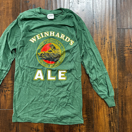 Weinhards ALE VTG T Shirt Long Sleeve Green USA Small Beer Original Hog Drinking