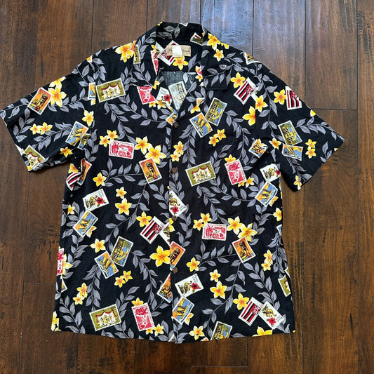 Vintage 80s Blue Hawaii Button Up Shirt Mens XL Ukulele Palms Hawaiian Stamps