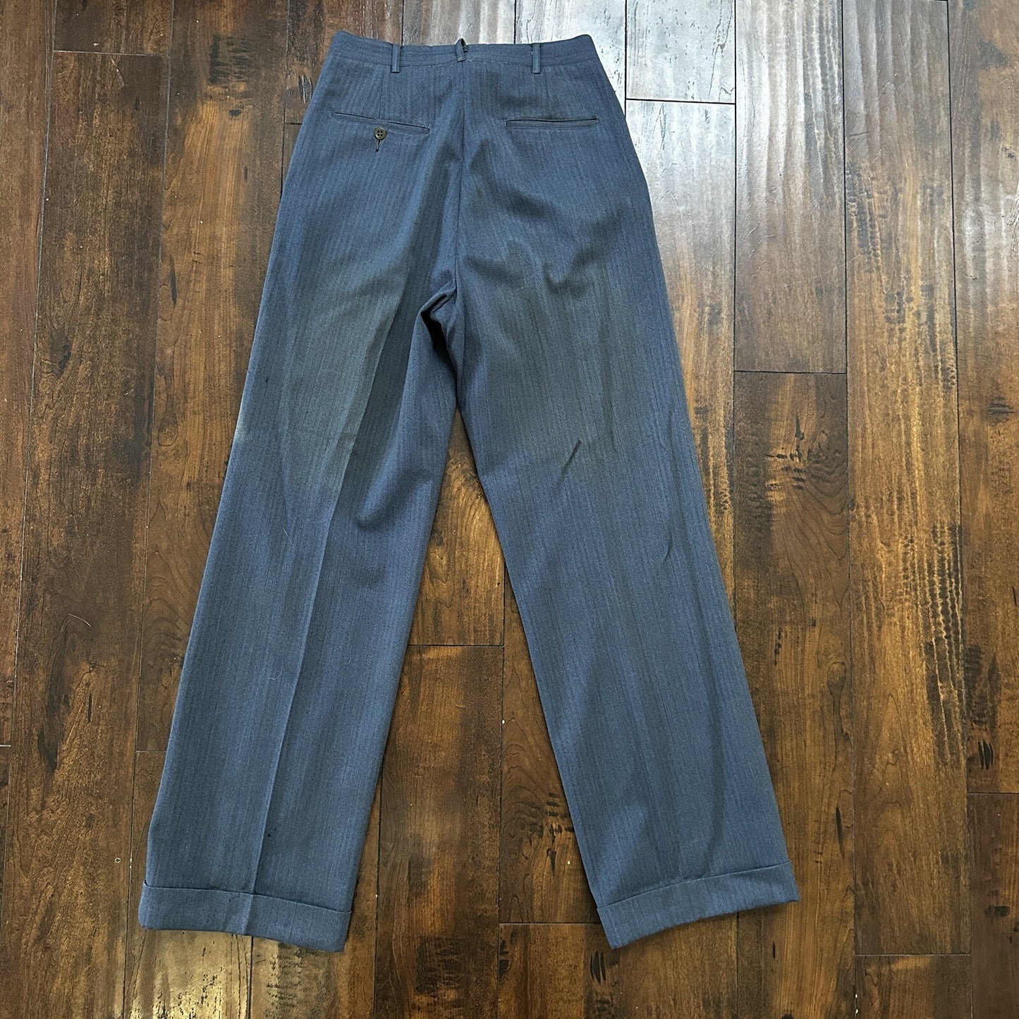 30s 40s 3 pc Pinstripe Blue Double Breasted Suit Belt Back Wool 34 26x31 Faded