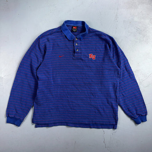 Nike VTG 90s Kansas University Polo T Shirt L Team Long Sleeve Striped Jayhawks
