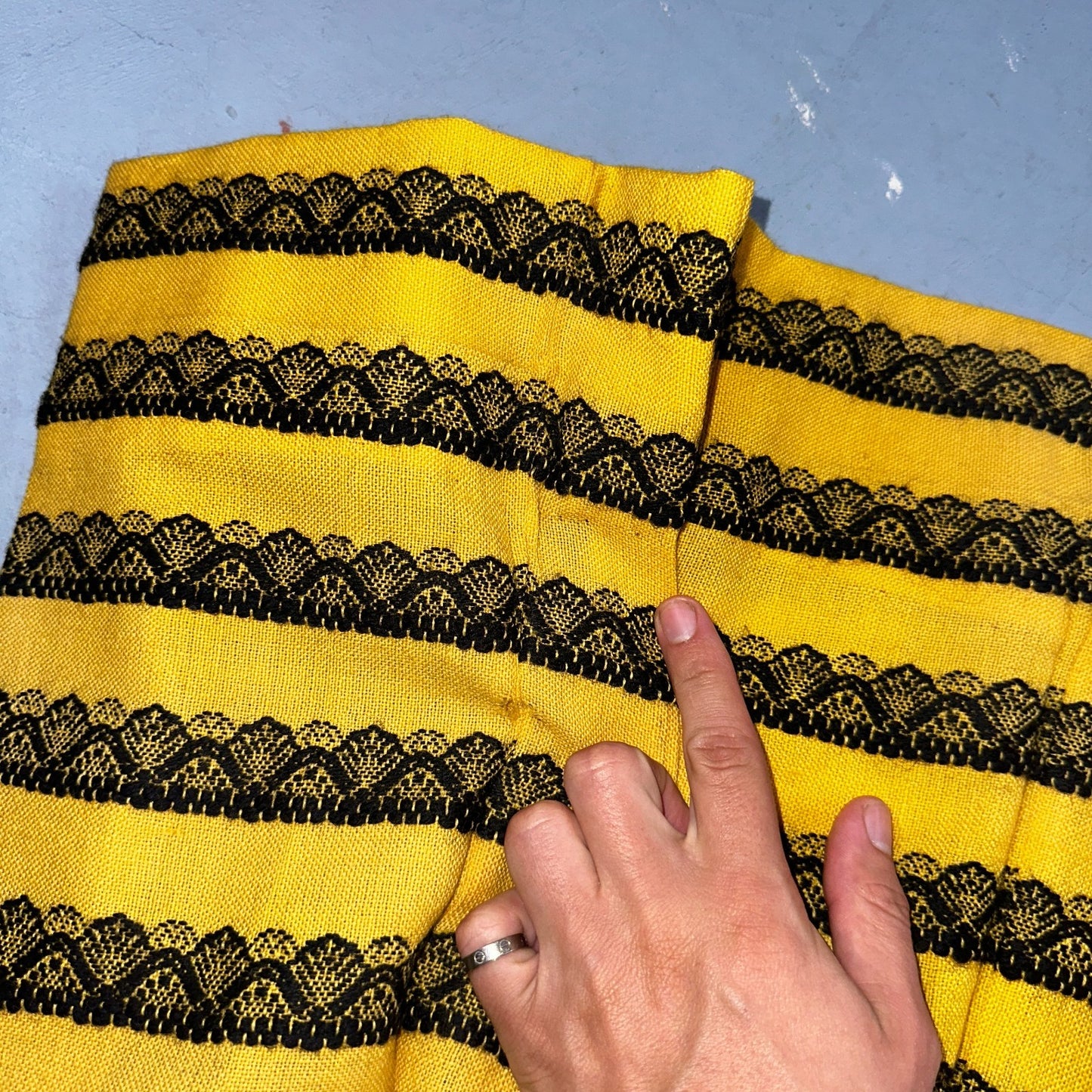 Vintage Marlies Handwebe Tyrol Skirt Yellow Wool Black Lace Trim Austria 50s