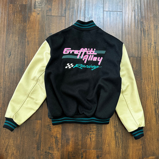 VTG Graffiti Alley Varsity Leather Letterman 70s Jacket 48 Portland Cars Racing