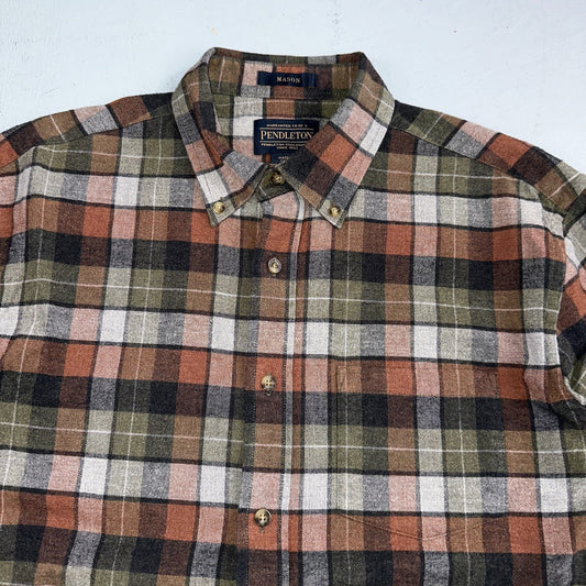 Pendleton Mason Flannel Shirt Mens Size Medium Brown Green Plaid Long Sleeve