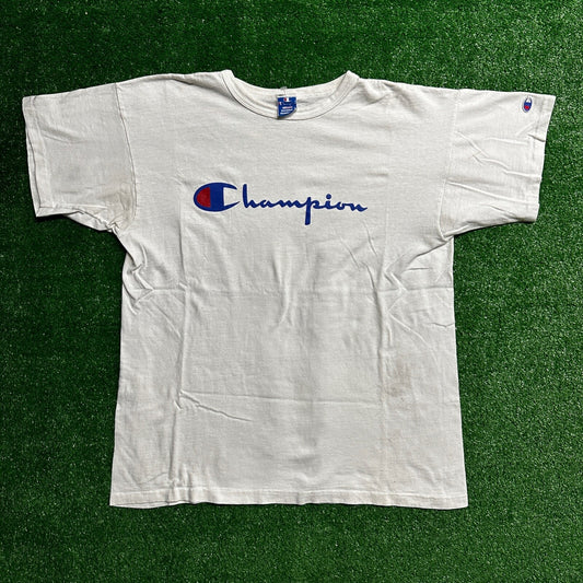 Champion USA White 80s Vintage T Shirt Basic Spellout Logo Gym Basic Graphic Lot