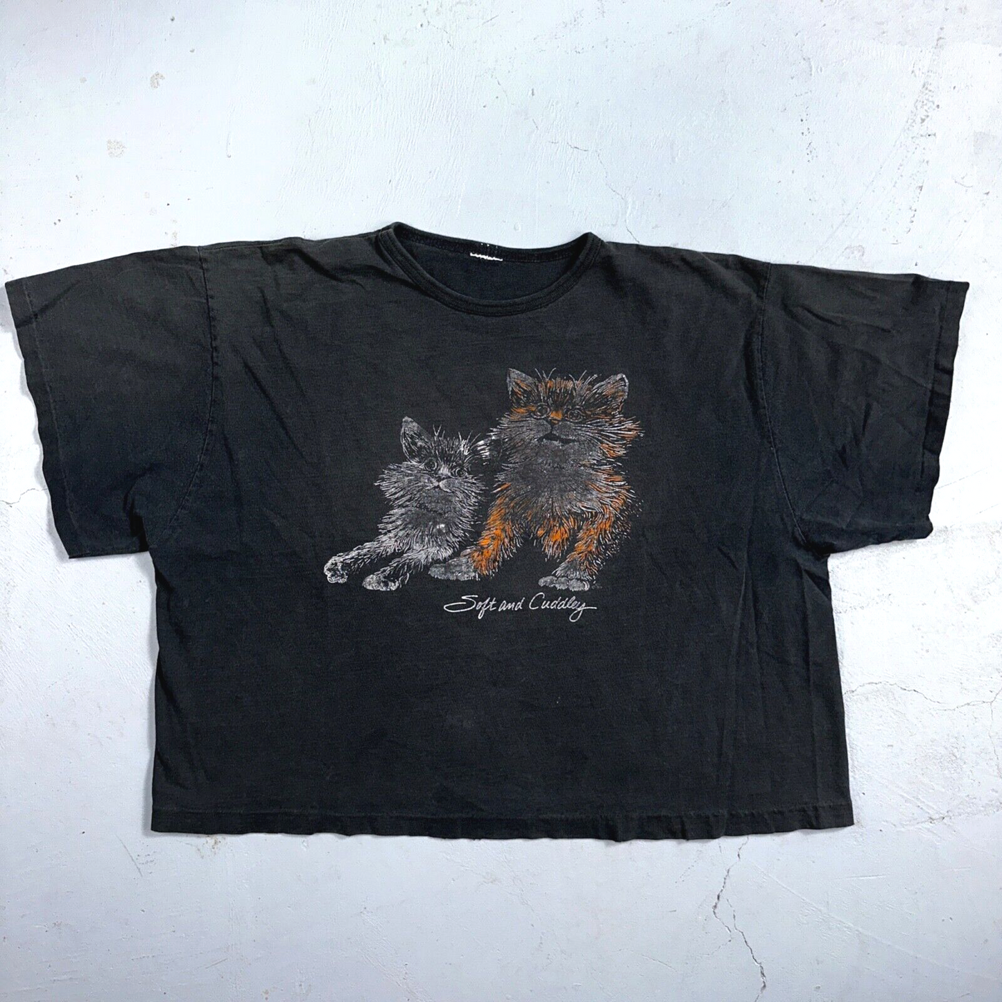 Cats Soft and Cuddly 1970s Boxy VTG T Shirt 70s Perfect Black Fade Boxy Animals