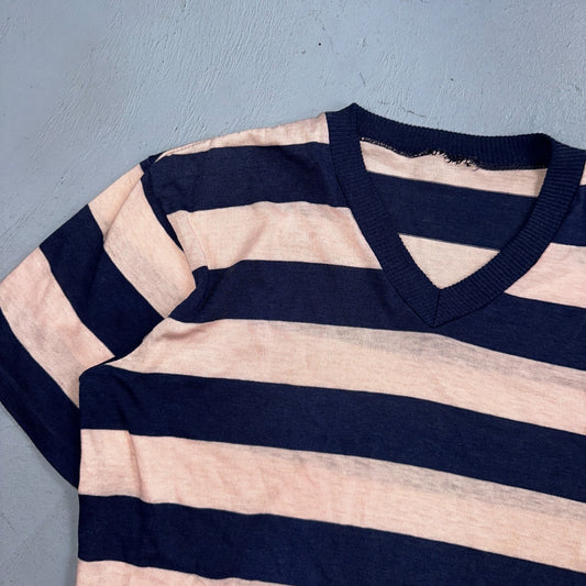 Blue Pink Rockabilly V Neck T Shirt 1970s Striped Basic Essential Single Stitch