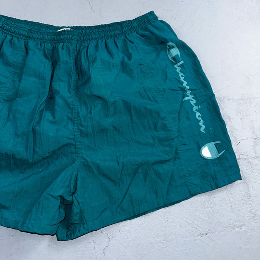 Vintage Champion Men’s Spell Out Nylon Shorts Logo Gym Active Green Size L 90s