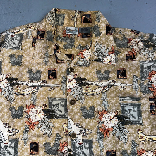 Vintage OP Ocean Pacific PANAIR Plane Hawaiian Men's Shirt Sz. M Hula Girl