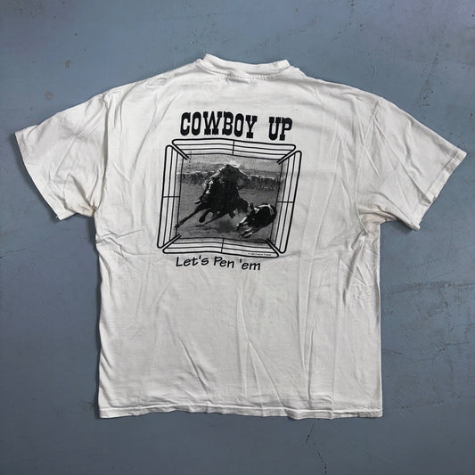 Cowboy Up Hanes Rare 90s VTG T Shirt Rodeo USA America Cow Boots Country Photo