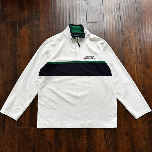 Nautica Classic White Striped Pullover Quarter Zip Sweater Shirt Size XL
