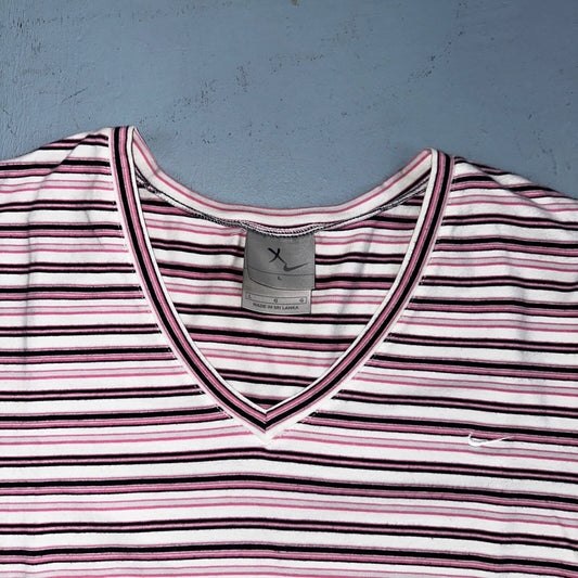 Nike Striped Y2K VTG T Shirt Womens Large Pink Purple Sports Cute Silver Tag