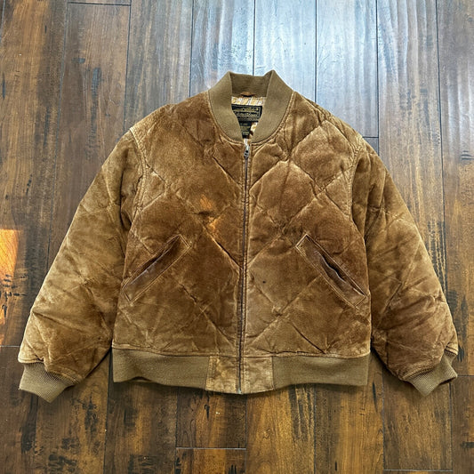 VTG 90s Eddie Bauer Jacket Brown Genuine Suede Leather Goose Down Bomber RARE