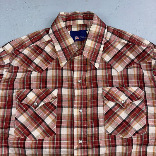 Vintage Panhandle 80s Western Shirt Pearl Snap Buttons Plaid Mens L 16.5 USA