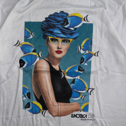 Luxottica Art Eyeglasses 90s VTG T Shirt Glasses White FOTL Fish Graphic Hipster