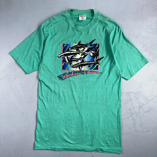 Sharks Great White 80s VTG T Shirt Single Stitch Which Way Beach Funny Art Graph