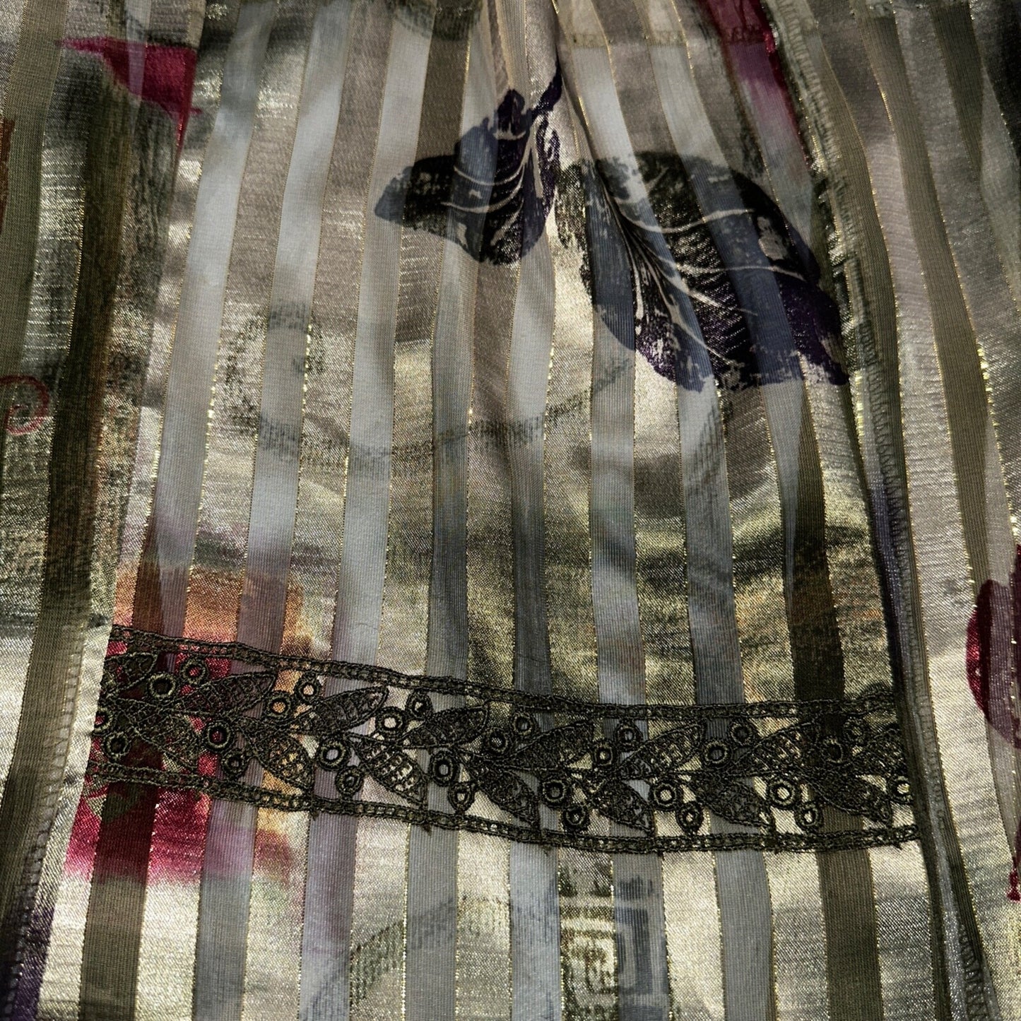 R&M Richards Karen Kwong Womens Blouse Gold Print Chain Shoulder Pads 14 USA VTG