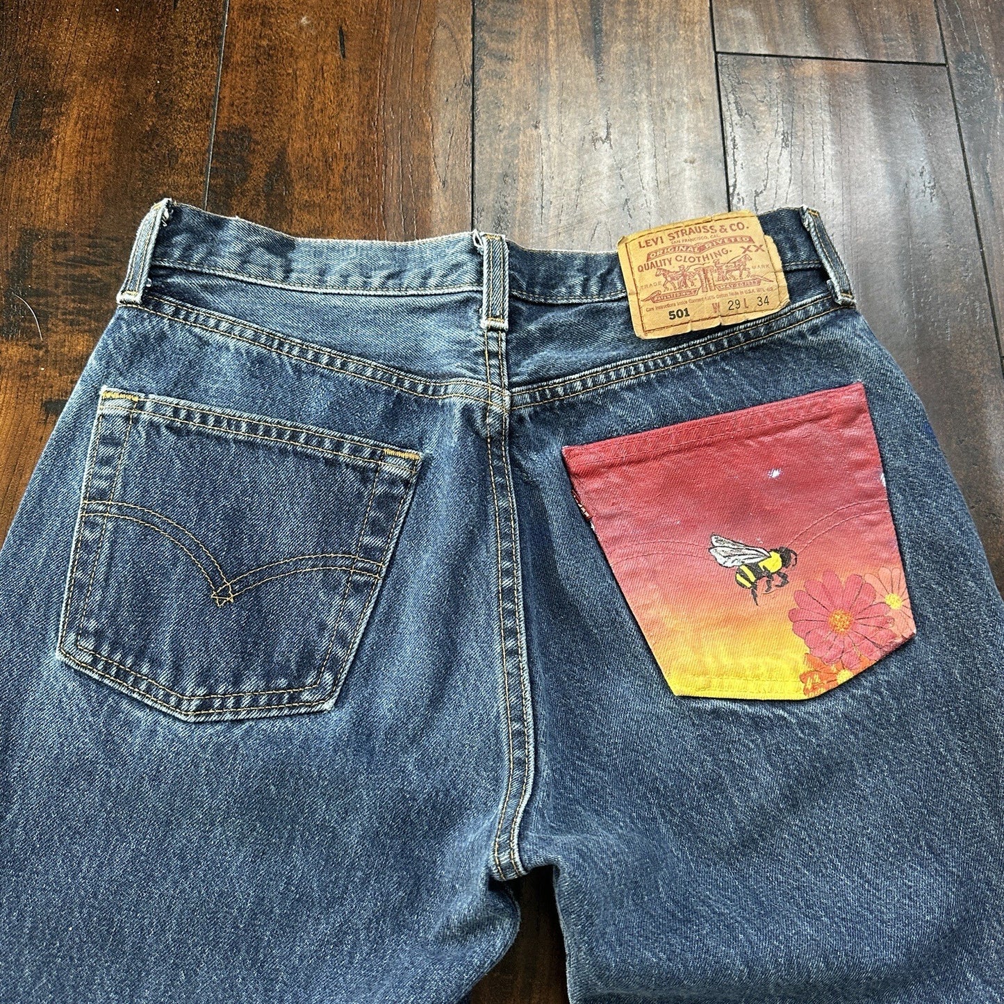 Vintage 90s Levis 501 29x34 USA Blue Denim Jeans Act 27x29 Med Wash Custom Bee