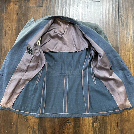 30s 40s 3 pc Pinstripe Blue Double Breasted Suit Belt Back Wool 34 26x31 Faded