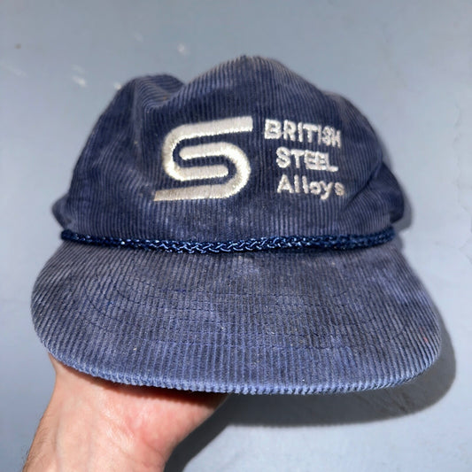 British Steel Alloys VTG Hat Cap Snapback Corduroy Blue 80s Rare Used