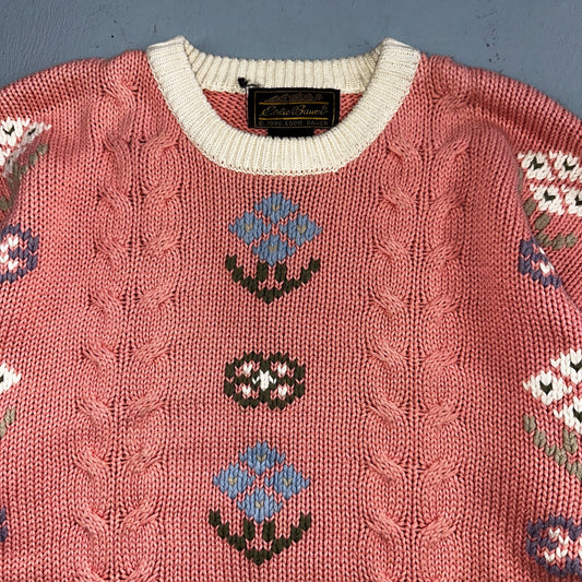 Eddie Bauer VTG Pink Floral Country Sweater Cottage Core Thick 1990 Medium