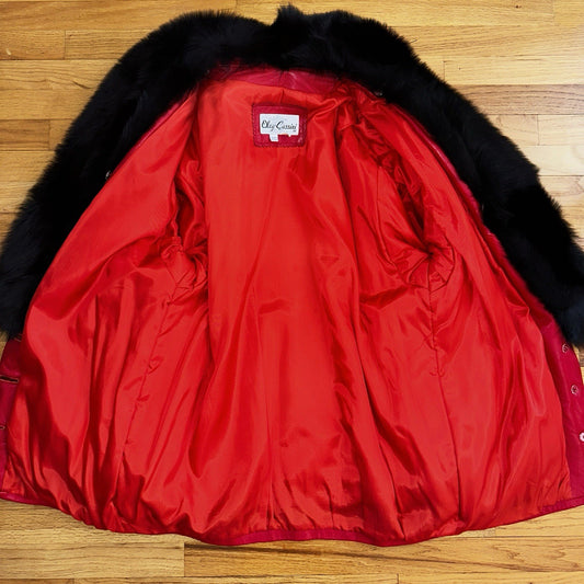 VTG Oleg Cassini Genuine Leather Blazer Fur Jacket Red Womens M 70s 80s Rare