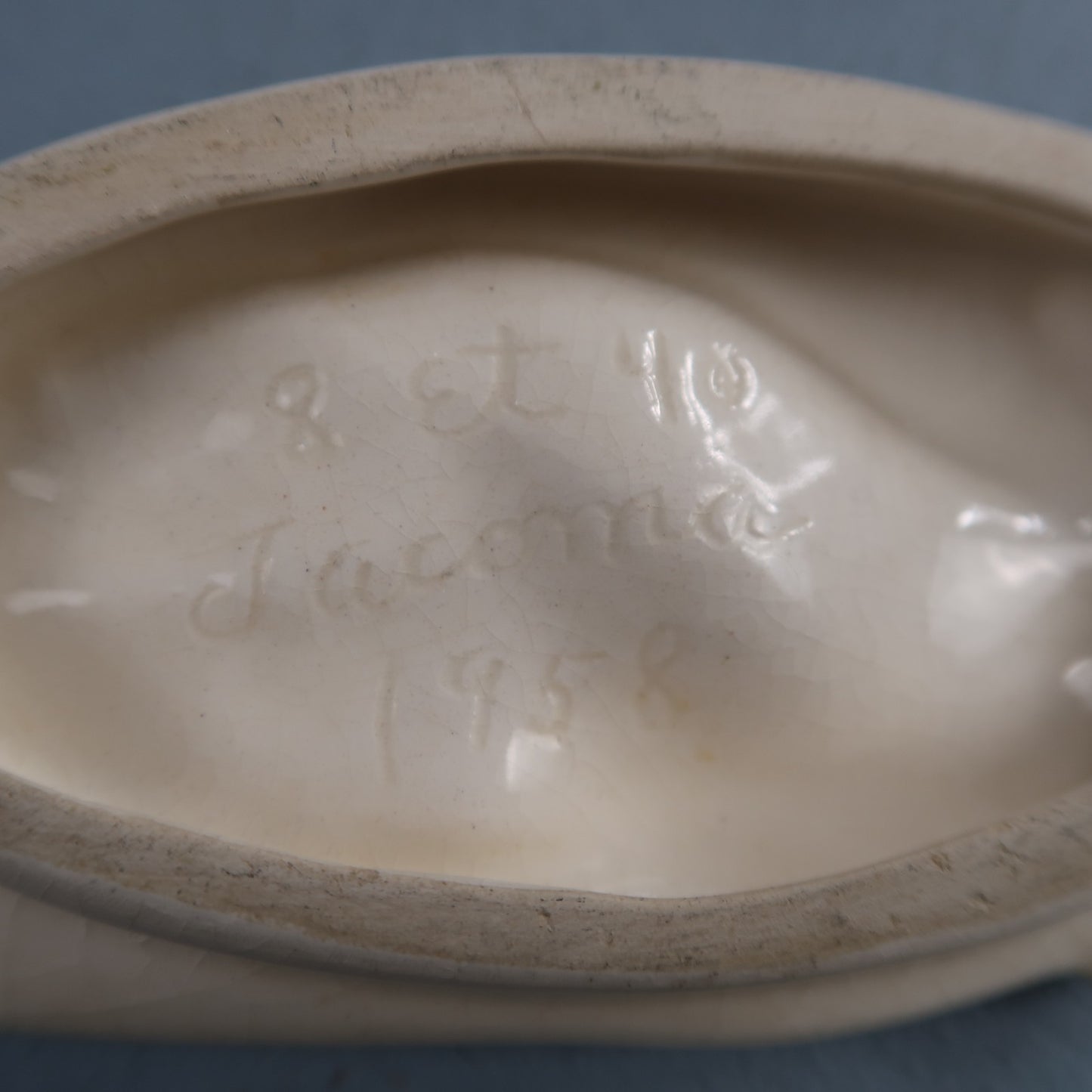 VTG 1958 Signed Glass Ring Jewelry Dish White Milk Glass Open Hand Flower Jacoma
