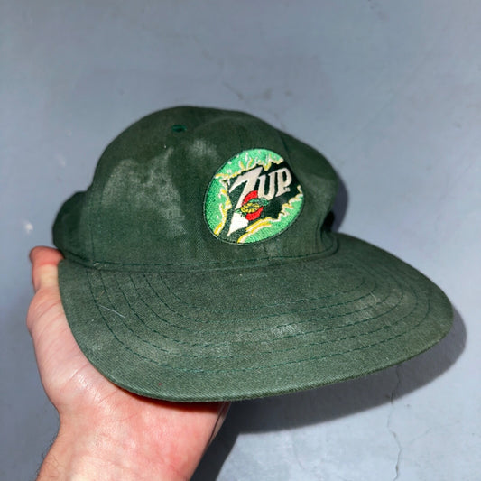 Vintage 7up Hat Made In USA Snap Back Trucker Style Worn Green 90s Heavy Used
