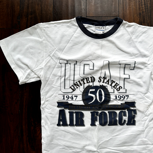 USA Air Force Vintage T Shirt 50th Anniversary Army Basic 90s Gray Striped